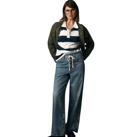 AMO Vanessa Cinched Waist Wide Leg Jeans Large Drawstring Full Length Baggy - Picture 1 of 12